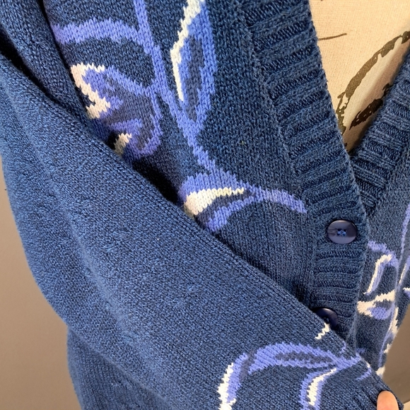 Vintage Womens Size Medium Cardigan Sweater Blue Floral Picone Sport 100% Cotton - Picture 4 of 7